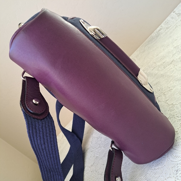 Small Canvas & Leather Backpack Navy and Plum with Silver Hardware Bee Accent - Picture 8 of 14